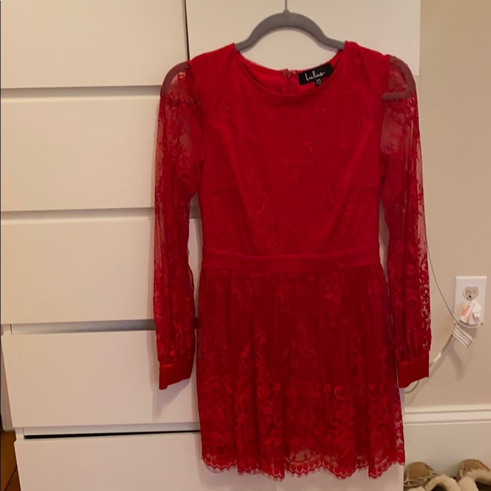 Romantic Night Red Lace Long Sleeve Skater Dress